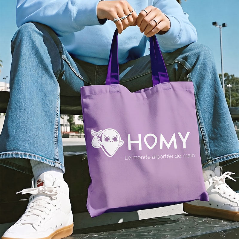 Tote bag homy, 2 violets, logo et mascotte en blanc. 