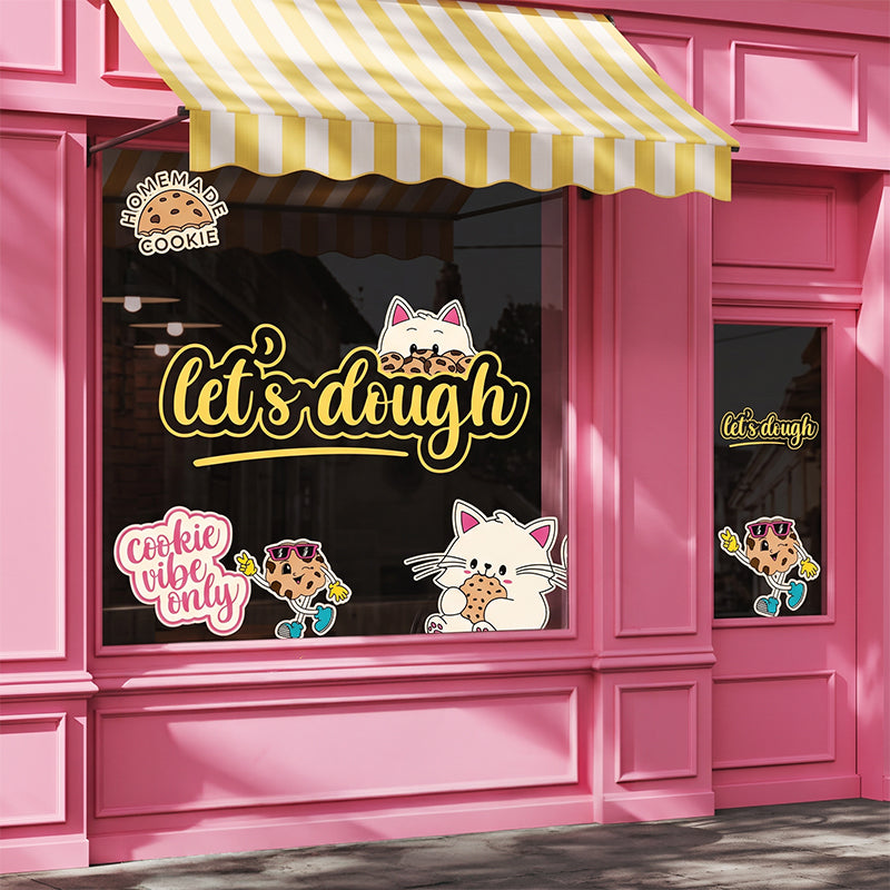 La devanture de la boutique Let's Dough avec les stickers collés sur la vitrine