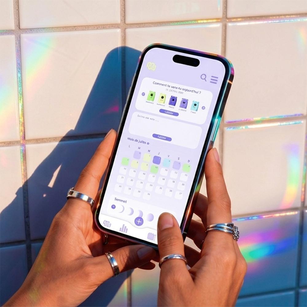 tableau de bord de l'appli moodflow dans un téléphone dans deux mains