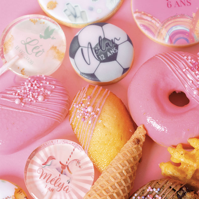Sablés personnalisés, mix produits (madeleines, guimauve chocolat, cookie, gaufre