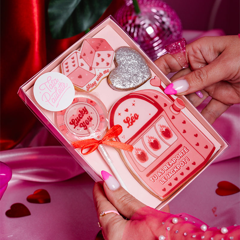 Le coffret sablés/sucette imprimé de la gamme — Saint-Valentin, Tata Paulette